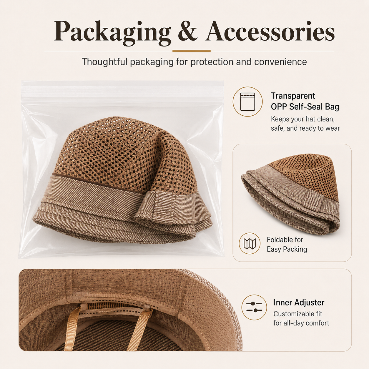 Khaki mesh fedora hat with breathable crown, refined hat band, clean stitching, and adjustable inner fit