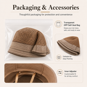 Khaki mesh fedora hat with breathable crown, refined hat band, clean stitching, and adjustable inner fit