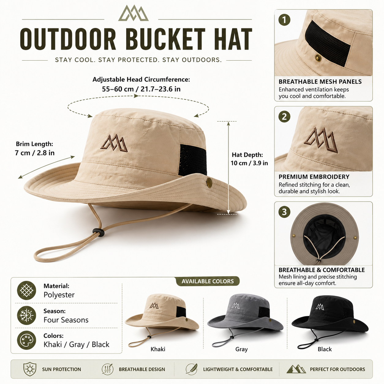 Khaki outdoor bucket hat size guide showing 55–60 cm / 21.7–23.6 in adjustable head circumference, 7 cm brim, and 10 cm depth