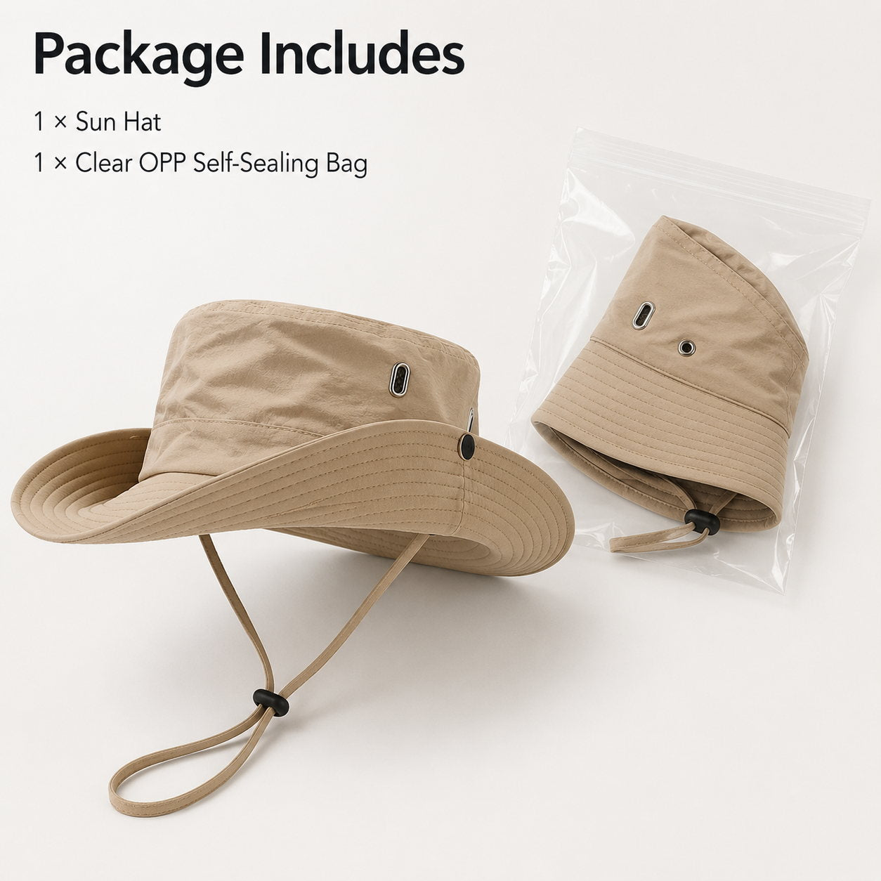 Package includes image showing khaki outdoor sun hat and clear OPP self-sealing bag for simple product packaging.