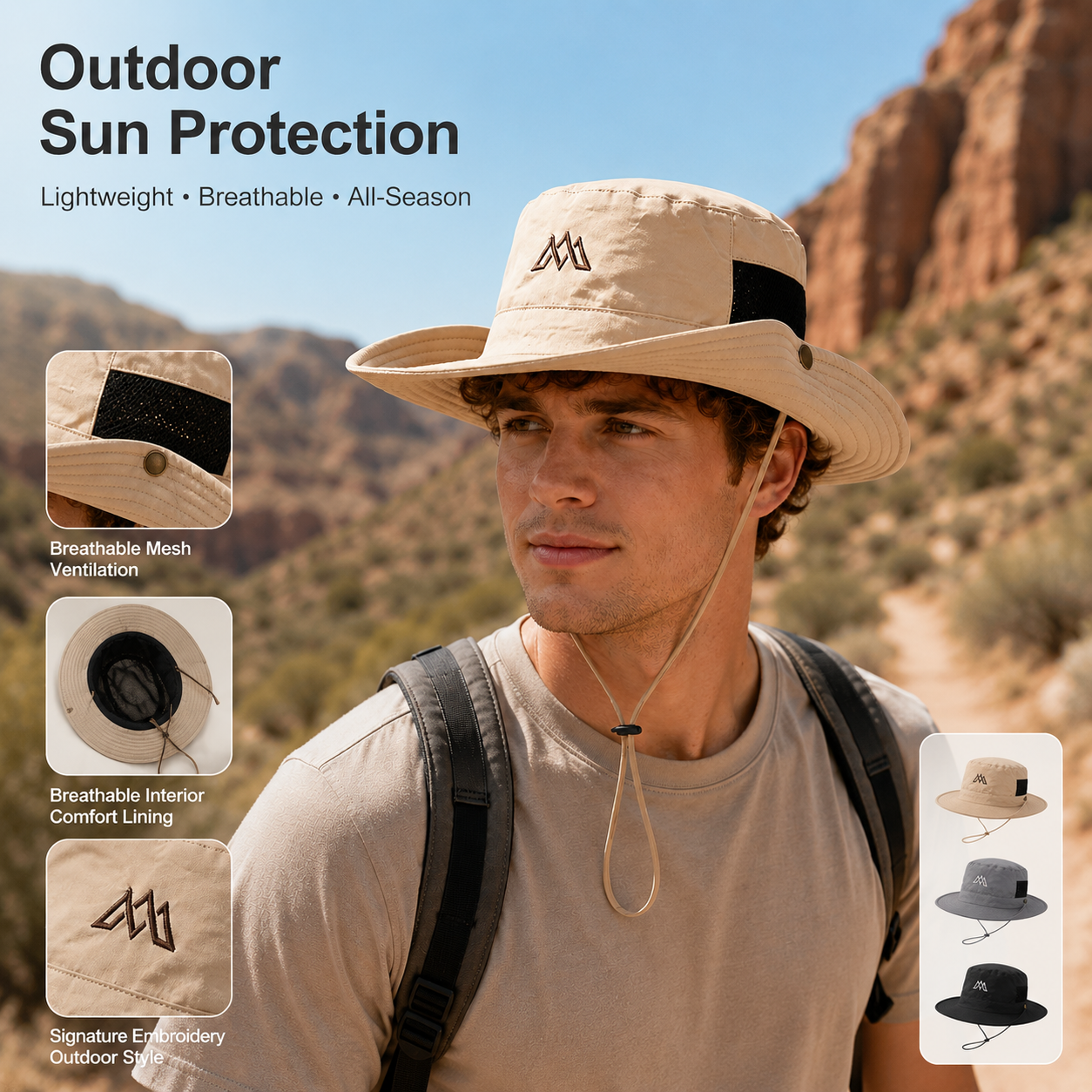 Khaki outdoor sun protection bucket hat worn outdoors with breathable mesh ventilation, adjustable chin cord, and lightweight all-season style
