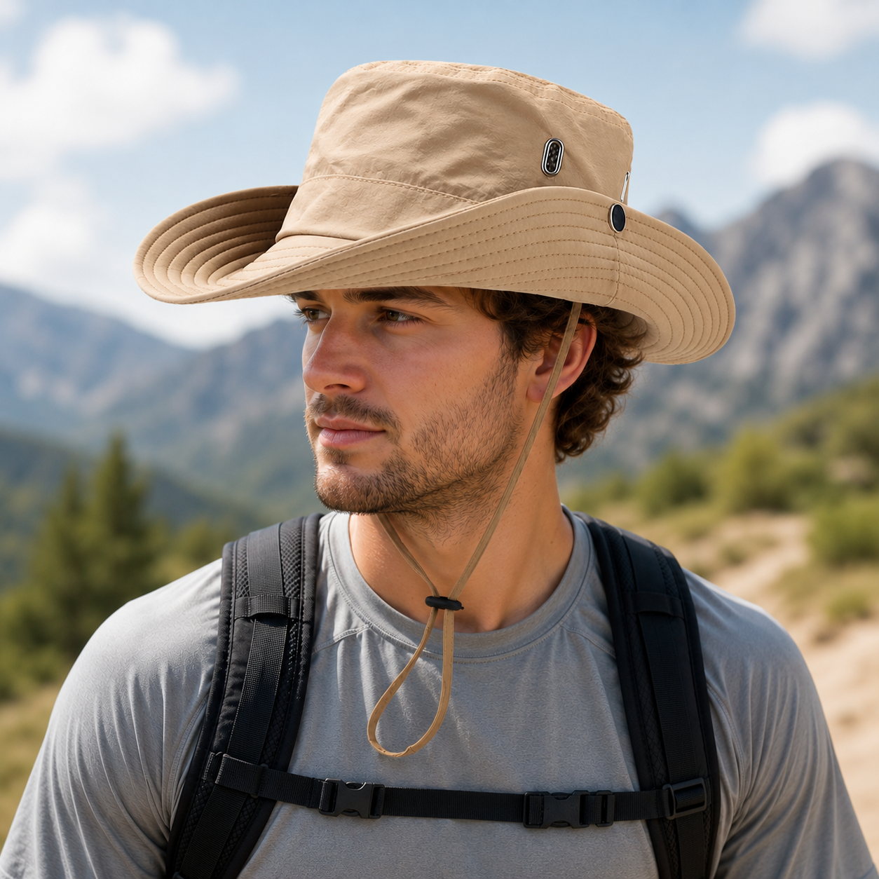 Model wearing khaki outdoor sun protection hiking bucket hat with wide brim and adjustable chin cord in a mountain hiking scene.