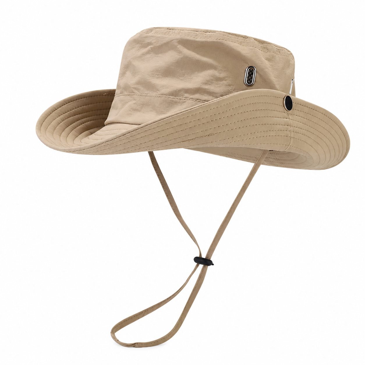 Khaki outdoor sun protection hiking bucket hat with wide brim, adjustable chin cord, metal eyelets, and lightweight polyester fabric on a clean white background.