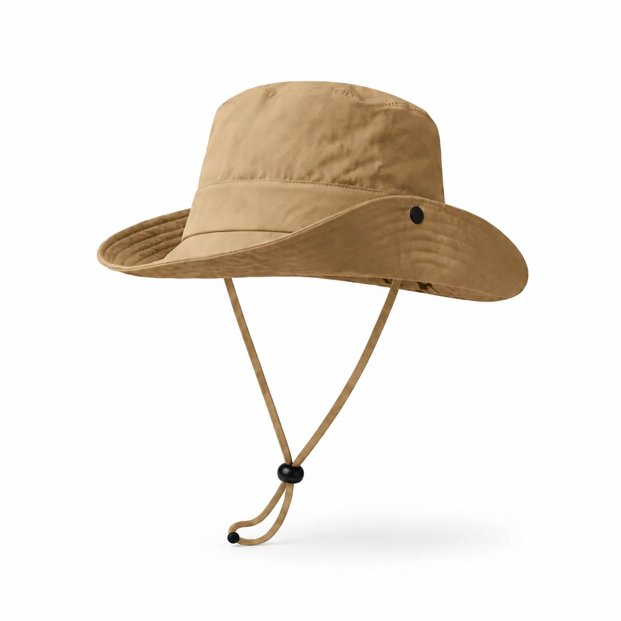 Khaki outdoor sun protection wide brim hat with chin strap on a clean white background.