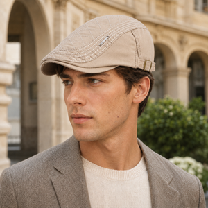 Khaki vintage British flat cap worn by model with classic curved brim and adjustable fit