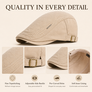 Khaki vintage British flat cap with detailed stitching, adjustable side buckle, curved brim, and soft inner lining