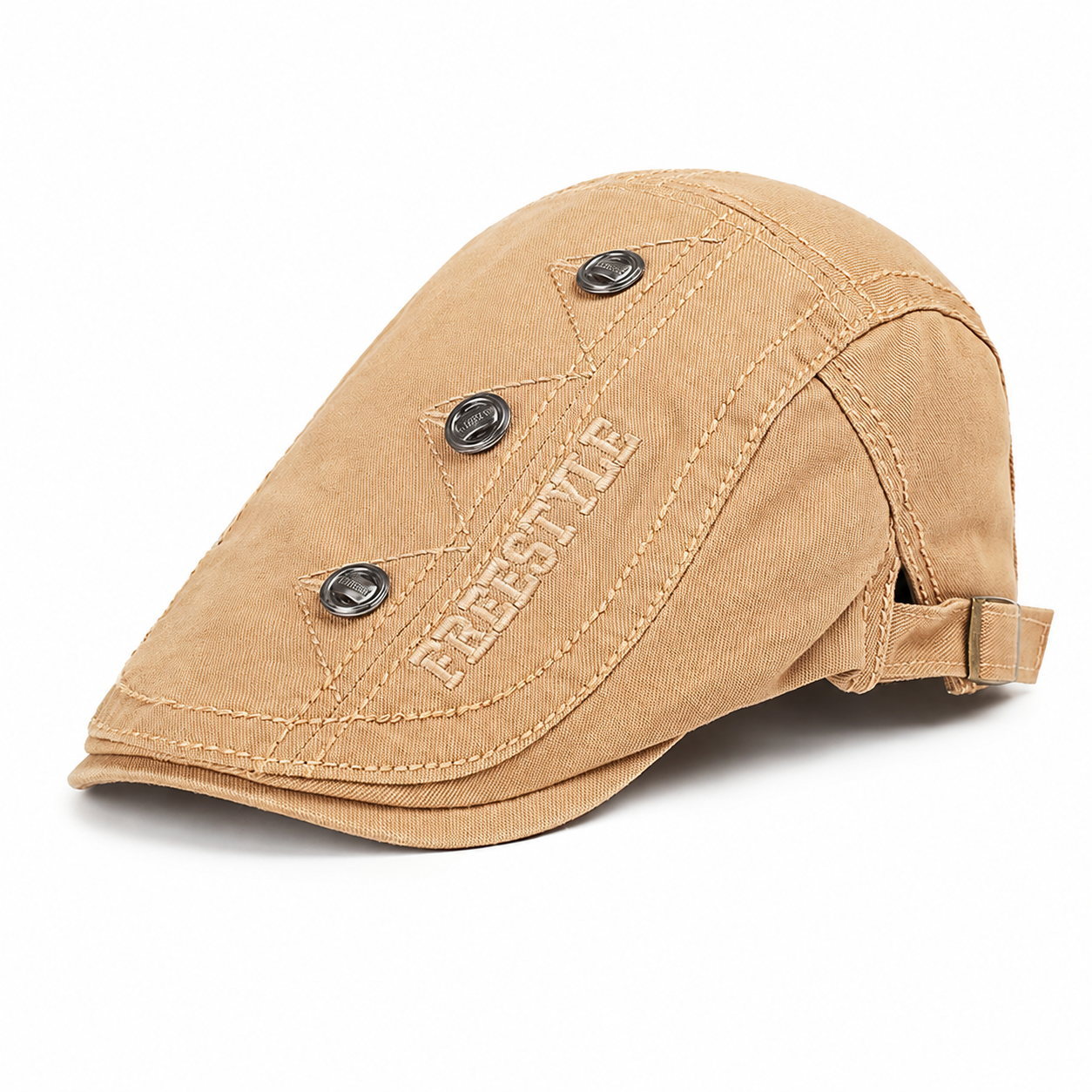 Khaki vintage flat cap for men with adjustable back buckle, decorative metal button details, and cotton fabric on a clean white background.