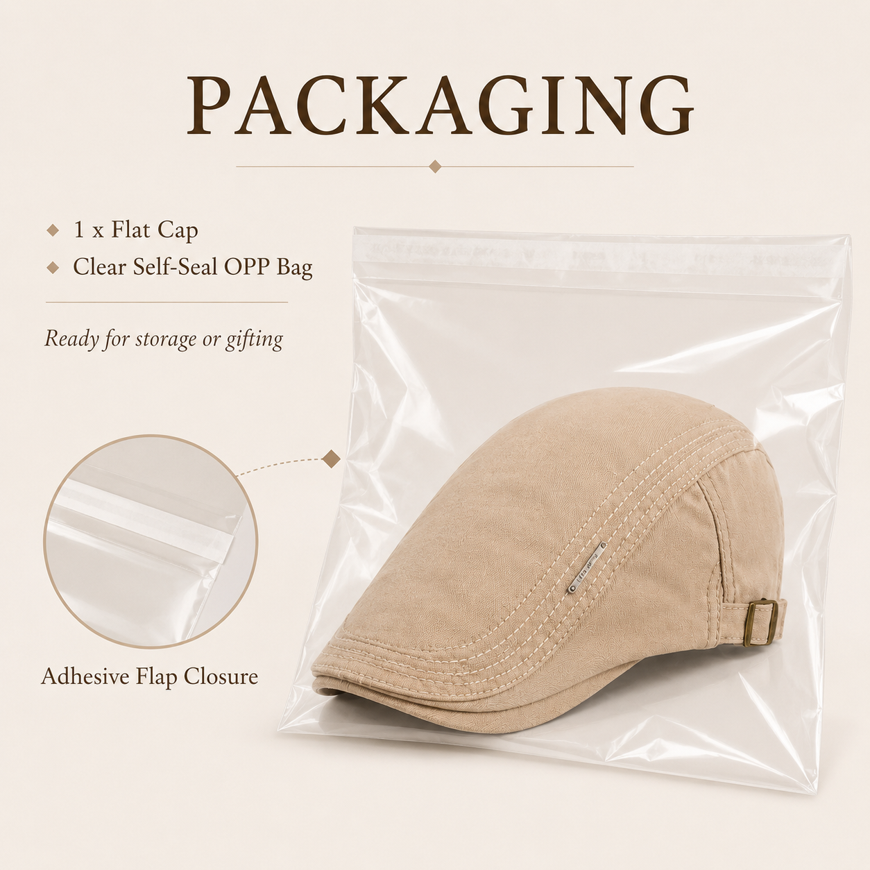 Khaki vintage flat cap packaged in a clear self-seal OPP bag