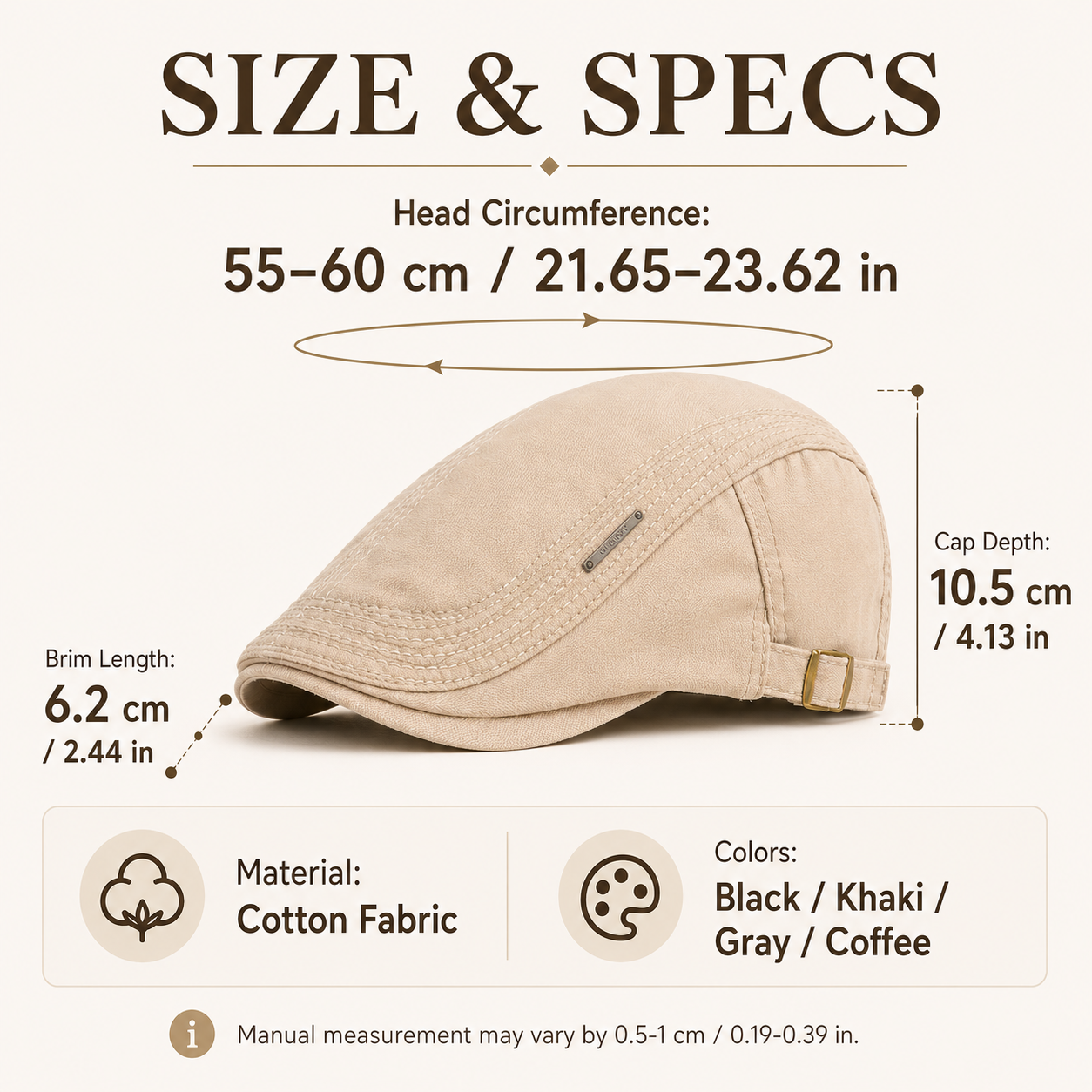 Khaki vintage British flat cap size guide with 55–60 cm head circumference, 6.2 cm brim, and 10.5 cm cap depth