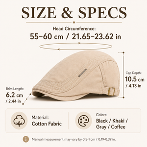 Khaki vintage British flat cap size guide with 55–60 cm head circumference, 6.2 cm brim, and 10.5 cm cap depth
