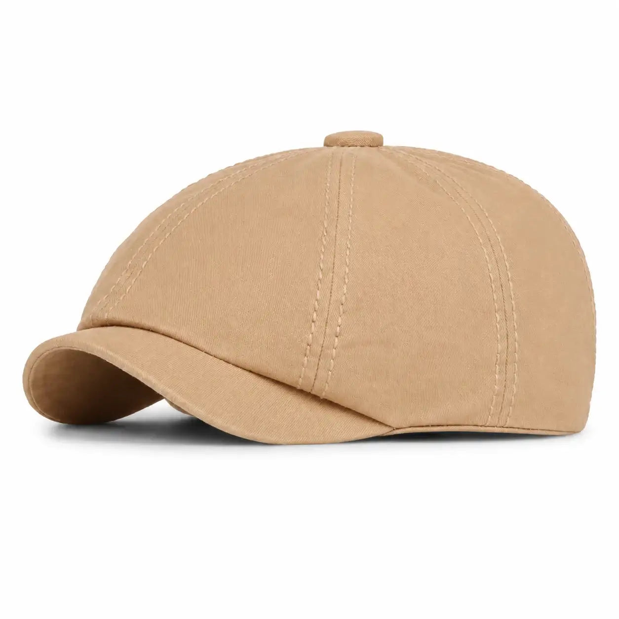 Khaki vintage newsboy cap with curved brim and soft cotton fabric
