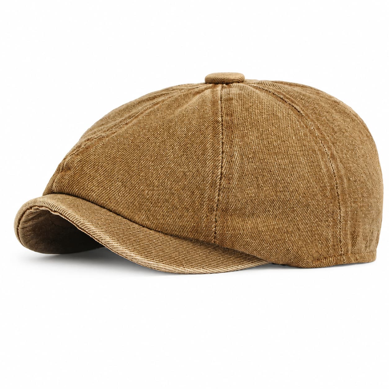 Khaki washed denim newsboy cap on white background