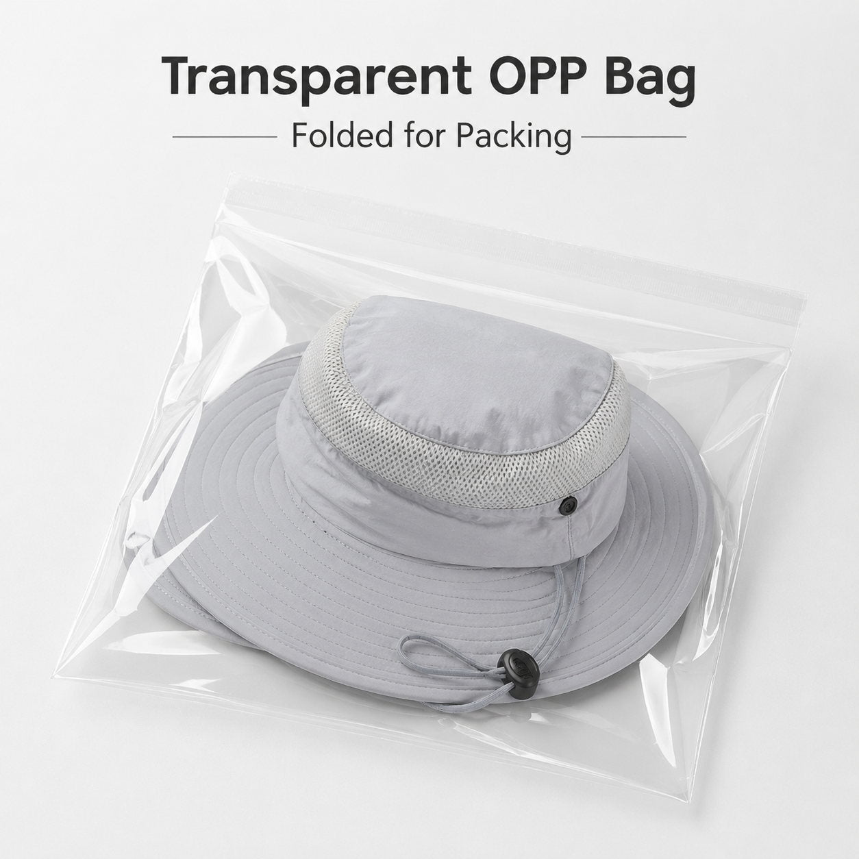 Light gray wide brim sun hat folded in transparent OPP bag packaging