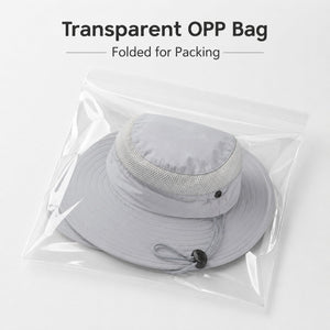 Light gray wide brim sun hat folded in transparent OPP bag packaging