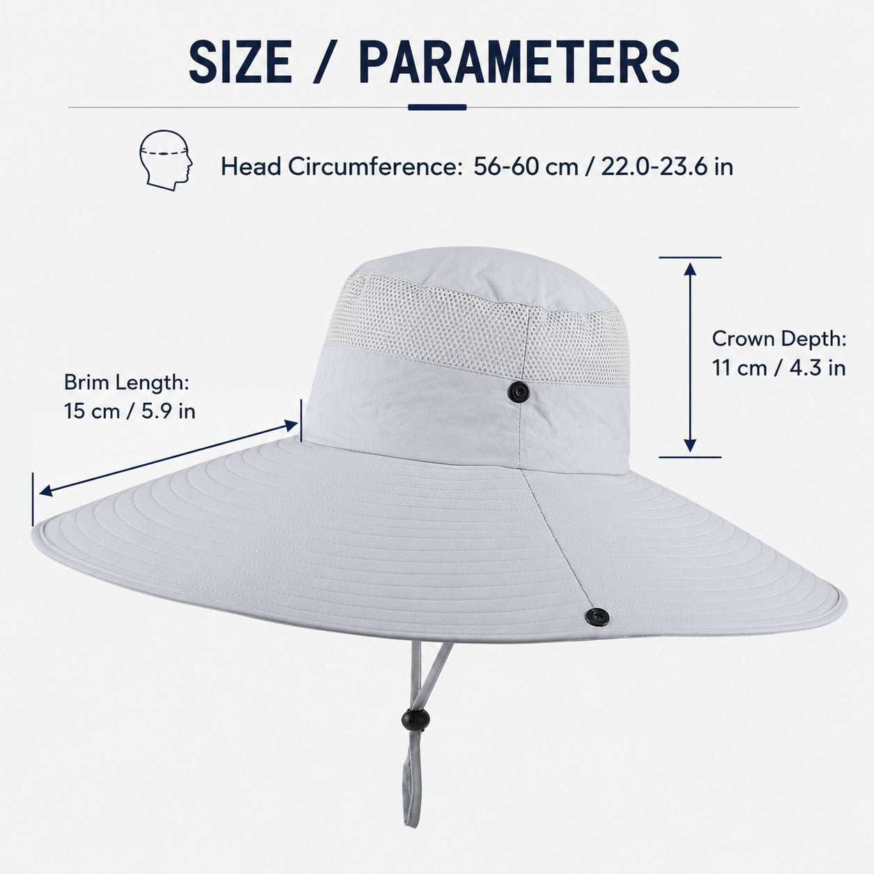 Size parameters image for light gray wide brim sun hat