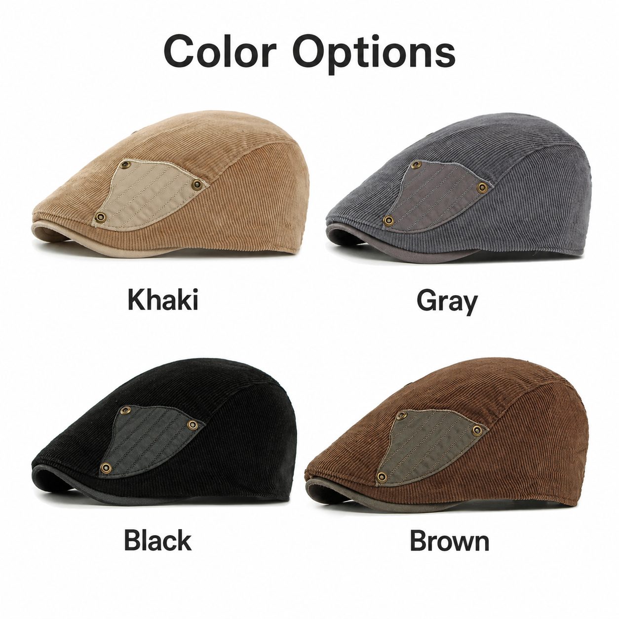 Men’s corduroy flat cap color options in khaki, gray, black, and brown