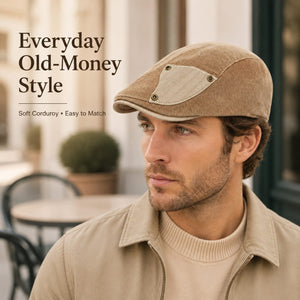 Male model wearing khaki corduroy flat cap in old-money casual style