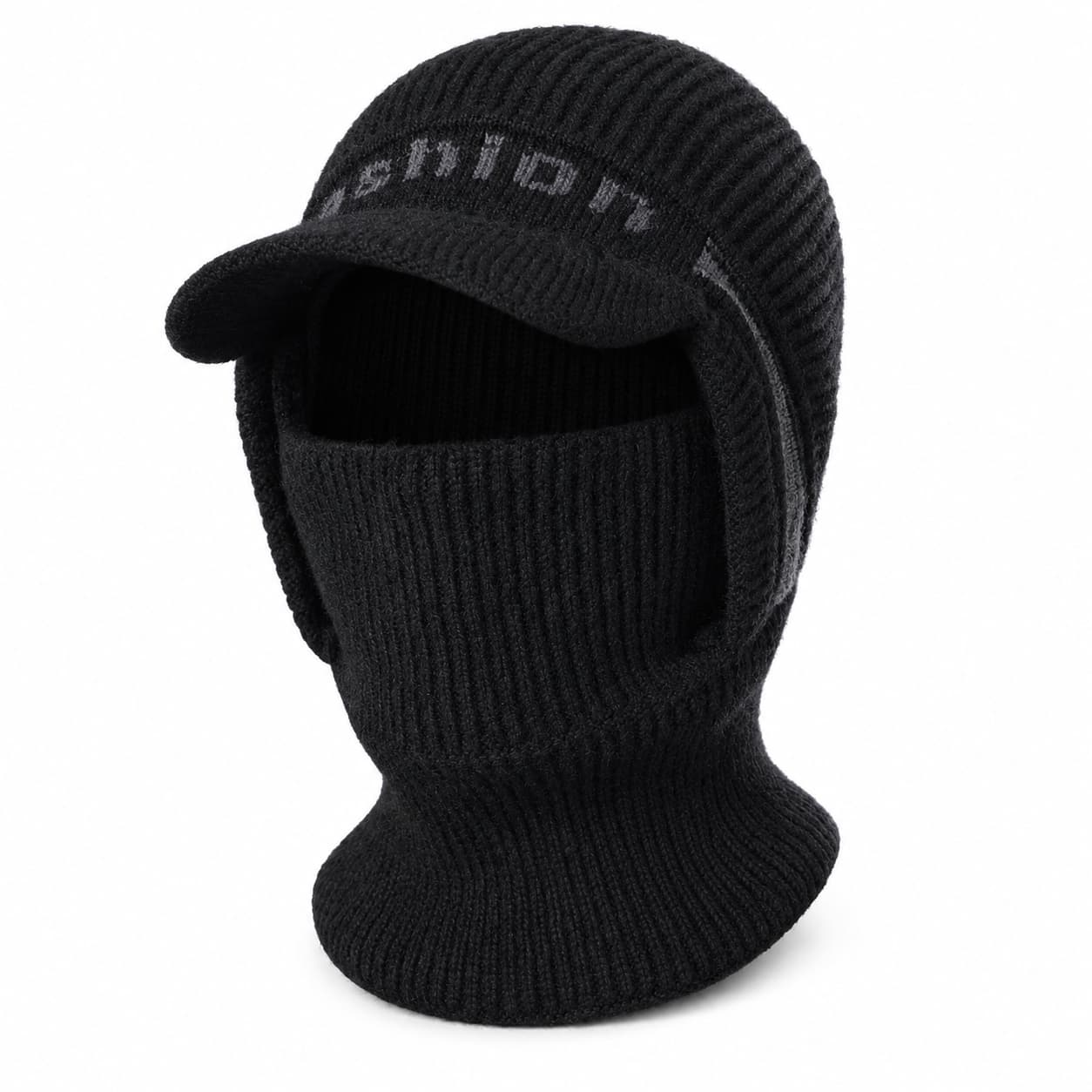 Black men's fleece-lined visor balaclava on white background