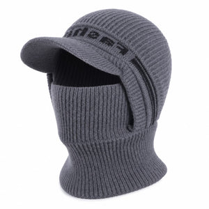 Gray men's fleece-lined visor balaclava on white background