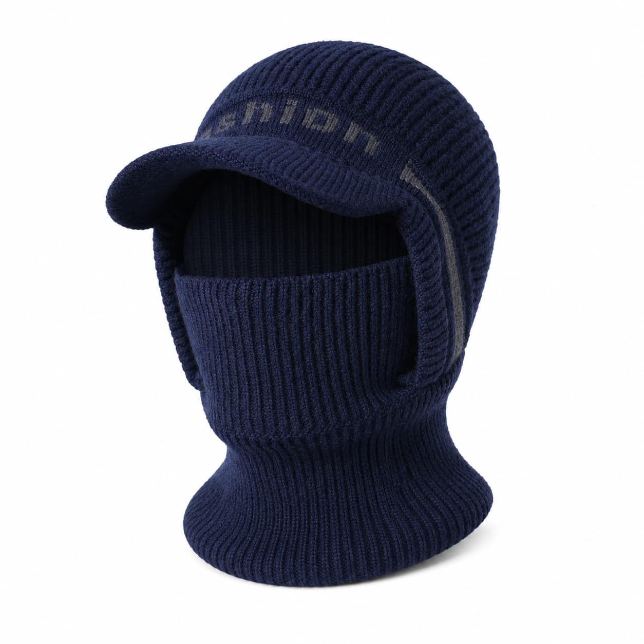 Navy men's fleece-lined visor balaclava on white background