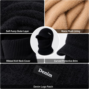 Male model wearing a gray hooded neck warmer outdoors