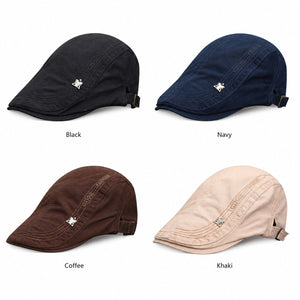 Khaki cotton flat cap on male model for classic everyday wear