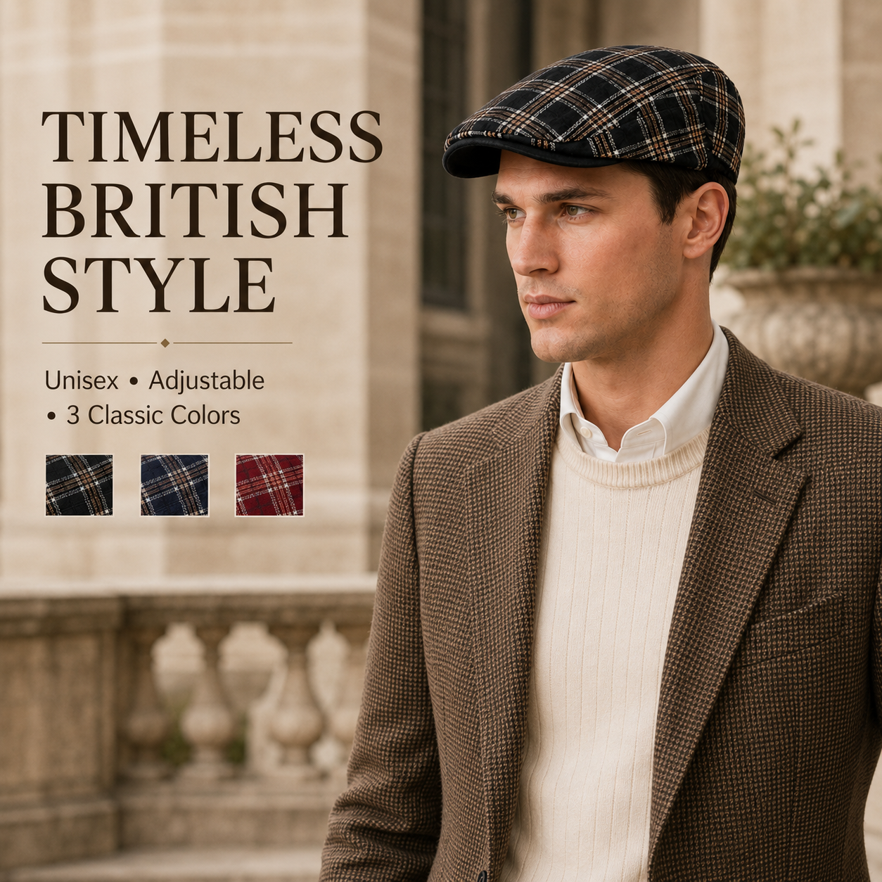 Detailed view of plaid flat cap with cotton blend fabric structured brim comfort lining and side buckles