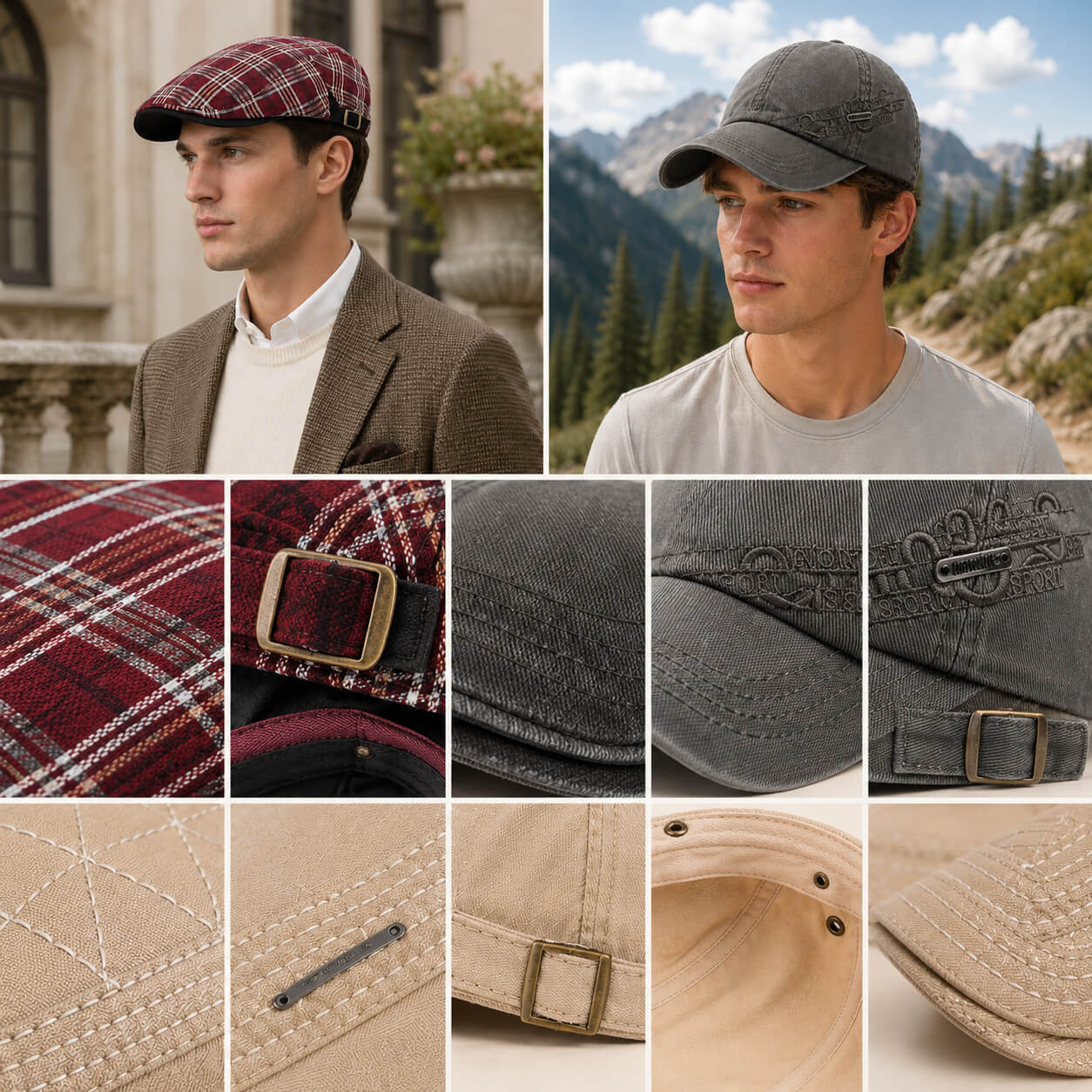 Hat Noble flat cap and baseball cap detail collage showing plaid fabric, stitching, curved brim, embroidery, metal buckle, and adjustable design.