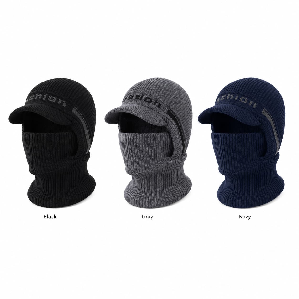 Black gray and navy men's winter balaclavas on white background