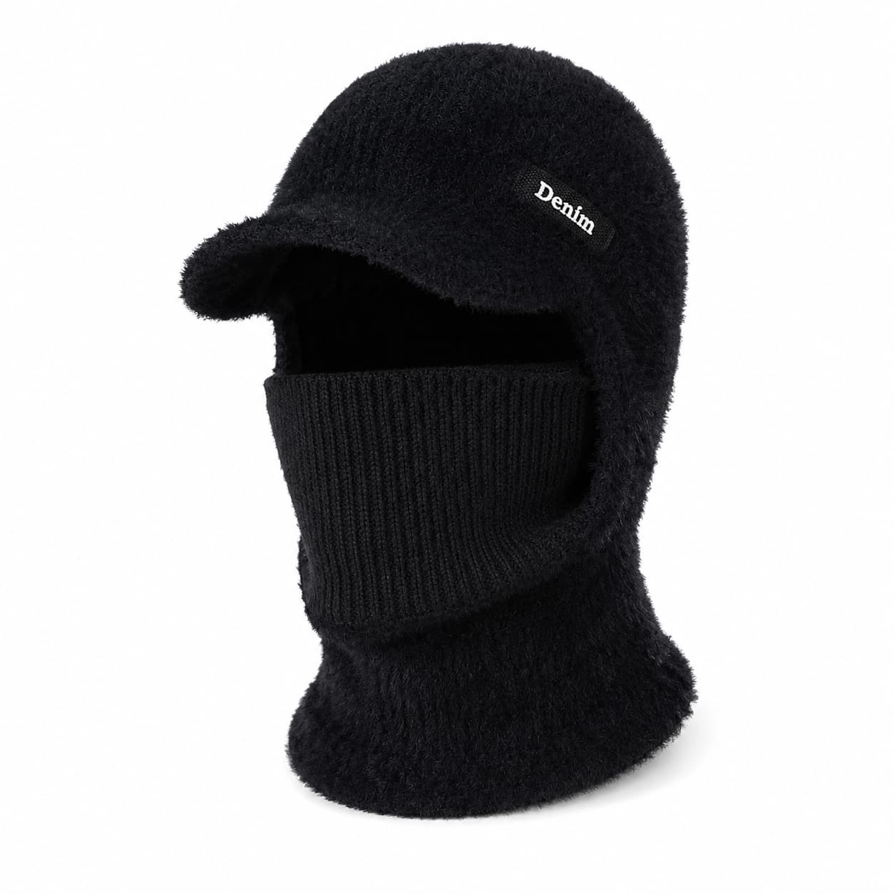 Black men’s hooded neck warmer on a clean white background