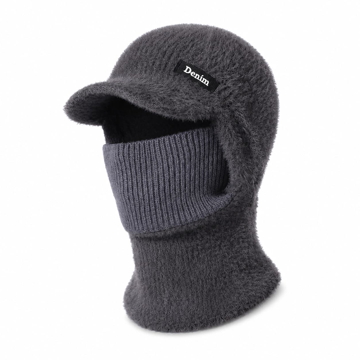 Gray men’s hooded neck warmer on a clean white background