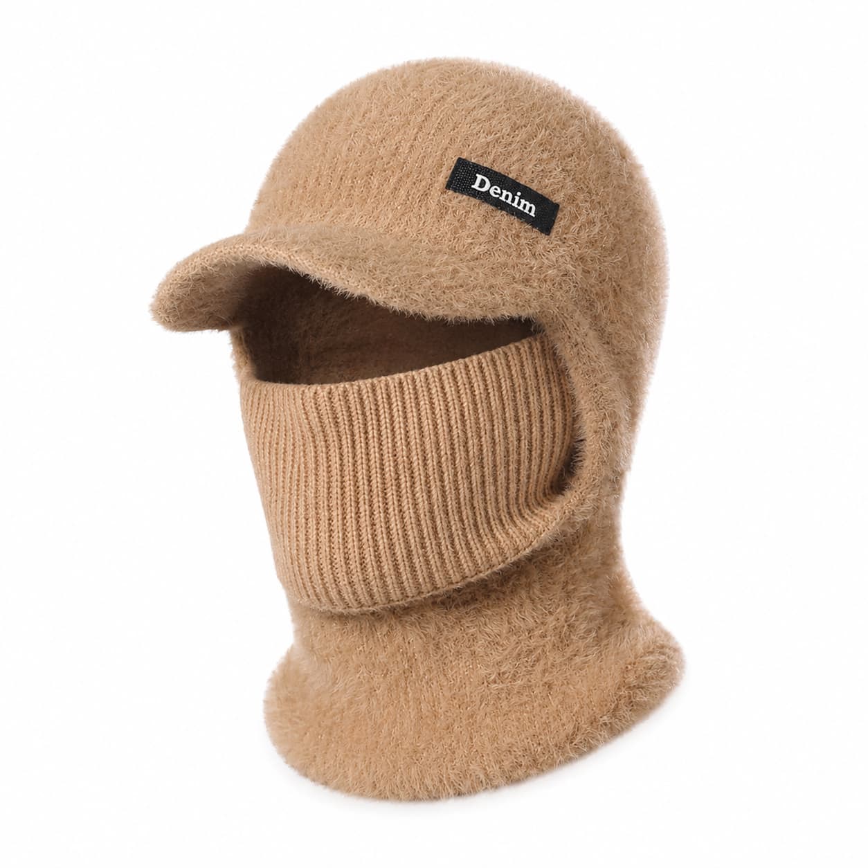 Khaki men’s hooded neck warmer on a clean white background