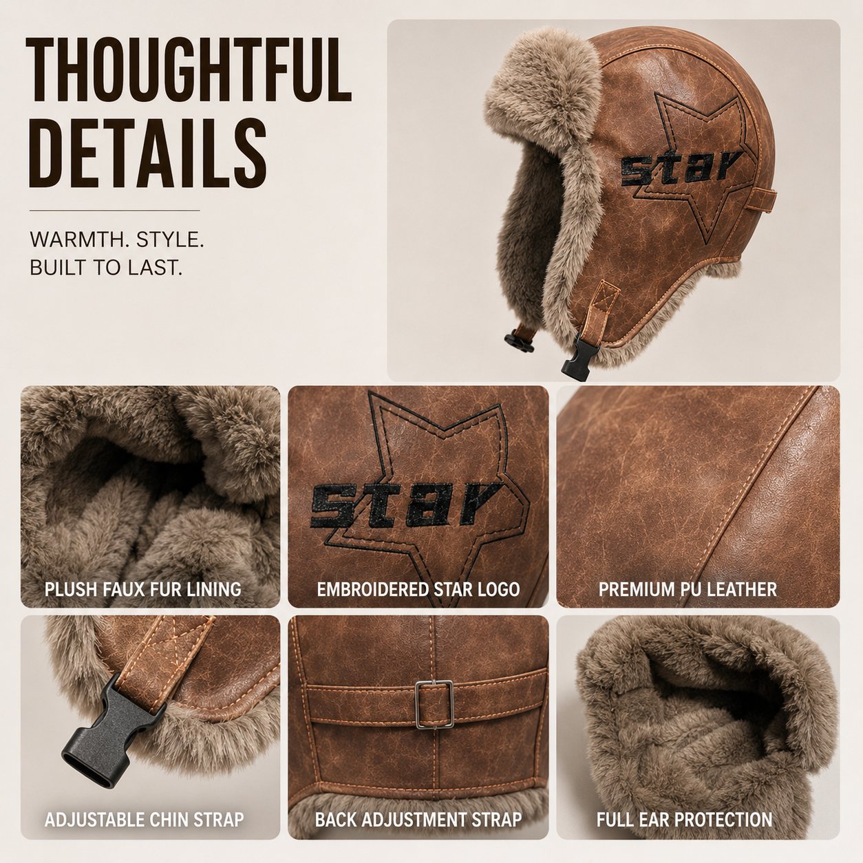 Winter trapper hat detail collage showing faux-fur lining, PU leather texture, adjustable strap, and ear coverage.