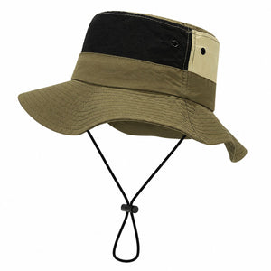 Military green men's sun protection boonie bucket hat with wide brim, adjustable chin cord, and breathable eyelets on a clean white background.