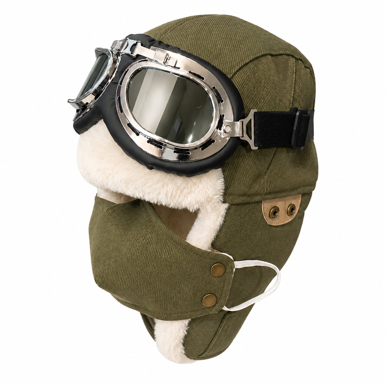 Military green men's winter aviator hat with goggles, faux fur ear flaps, and warm outdoor style on a clean white background.