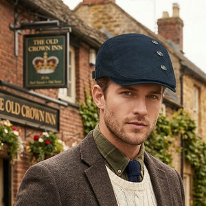 Male model wearing a navy British flat cap with layered smart casual styling in a heritage-inspired outdoor scene.