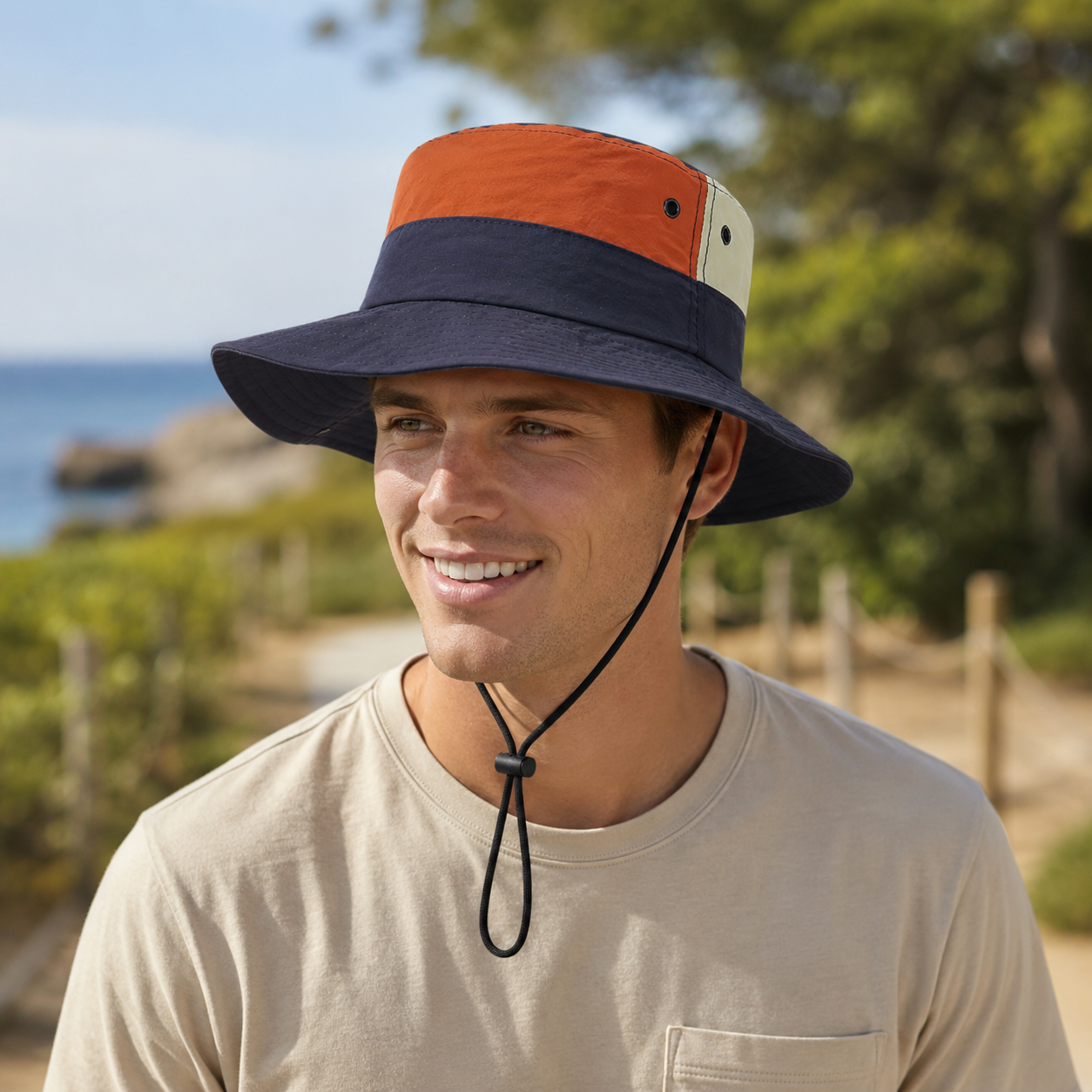 Navy color block outdoor sun protection bucket hat with orange and beige panel, foldable brim, and adjustable chin cord