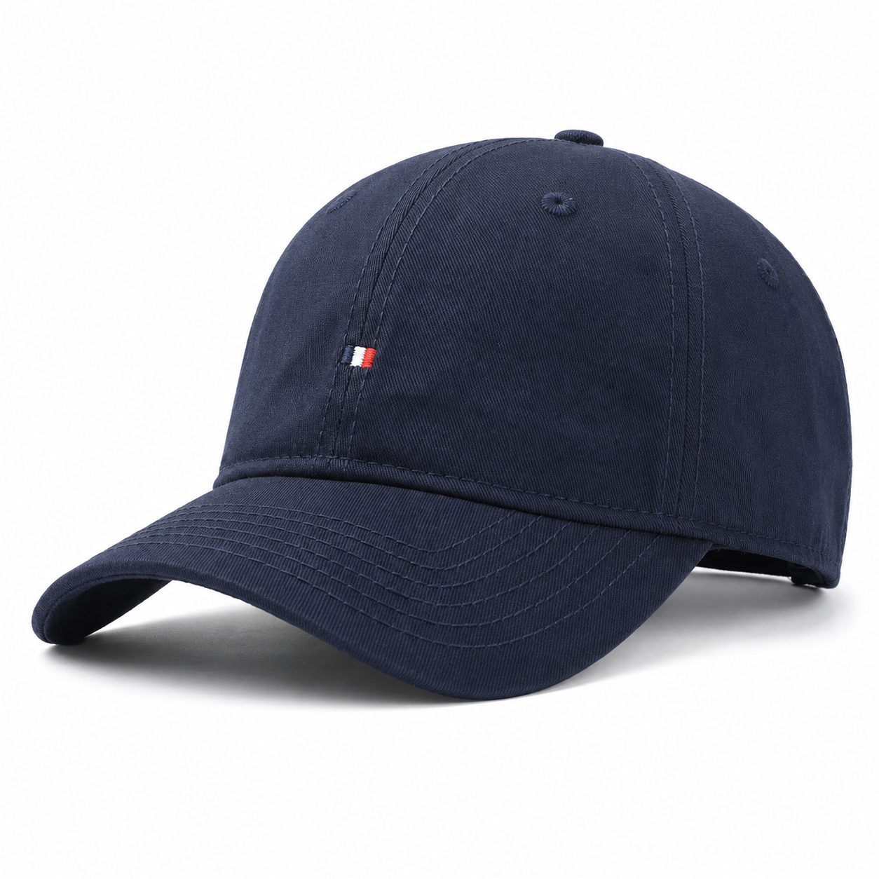 Navy cotton sun protection baseball cap with curved brim, soft crown, and adjustable strap.