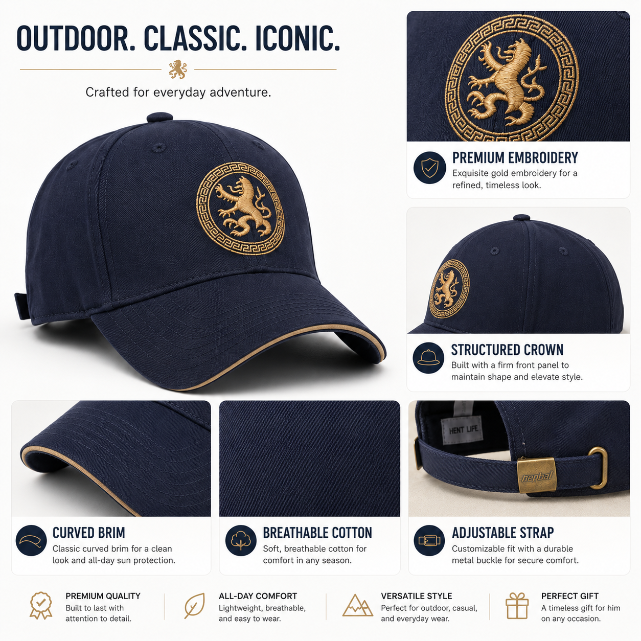 Navy embroidered baseball cap with premium gold embroidery, structured crown, breathable cotton, curved brim, and adjustable strap