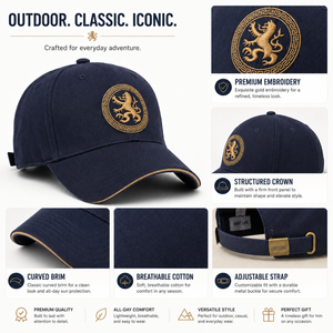 Navy embroidered baseball cap with premium gold embroidery, structured crown, breathable cotton, curved brim, and adjustable strap