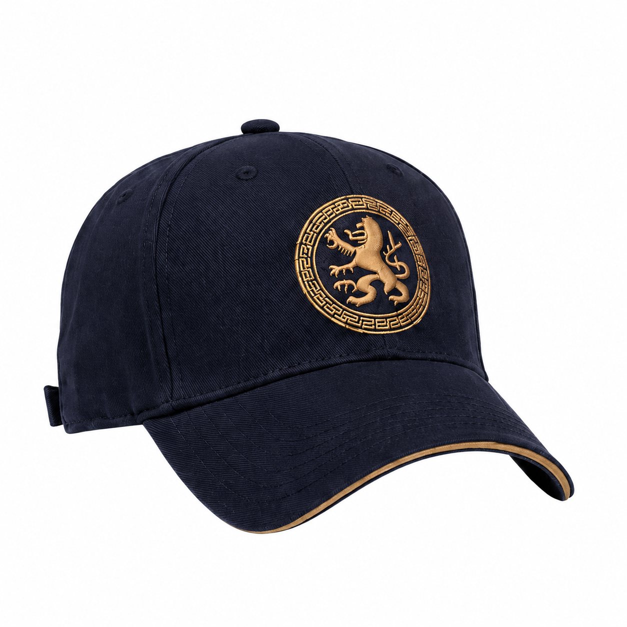Navy men's baseball cap with gold lion badge, curved brim, and structured casual design on a clean white background.