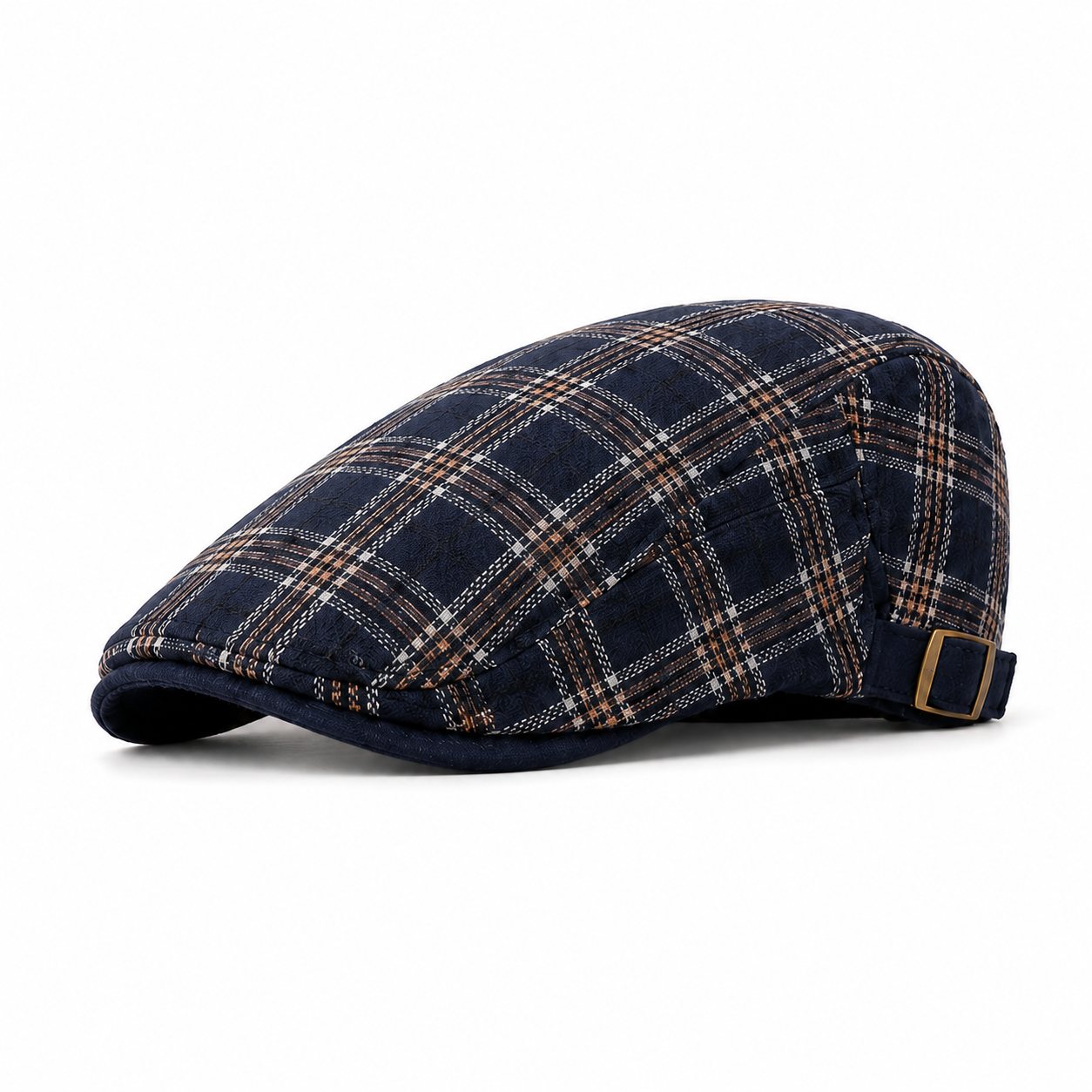 Navy men's plaid flat cap with adjustable back strap, classic ivy silhouette, and clean white background.