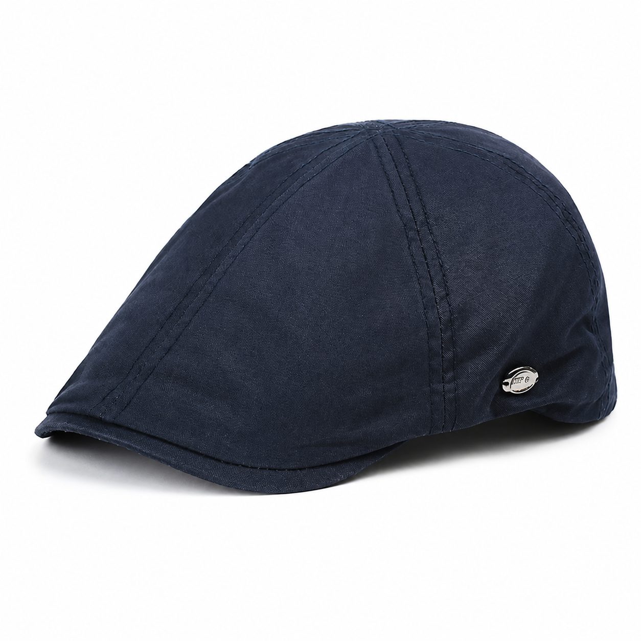 Navy men's vintage flat cap in cotton with a classic low-profile shape on a clean white background.