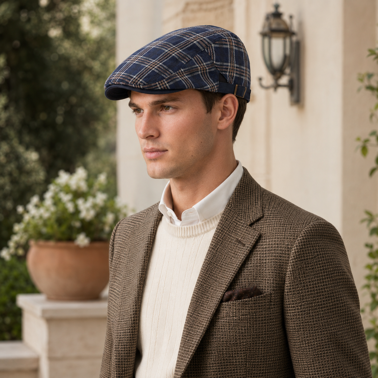 Navy vintage British plaid flat cap with adjustable side buckle