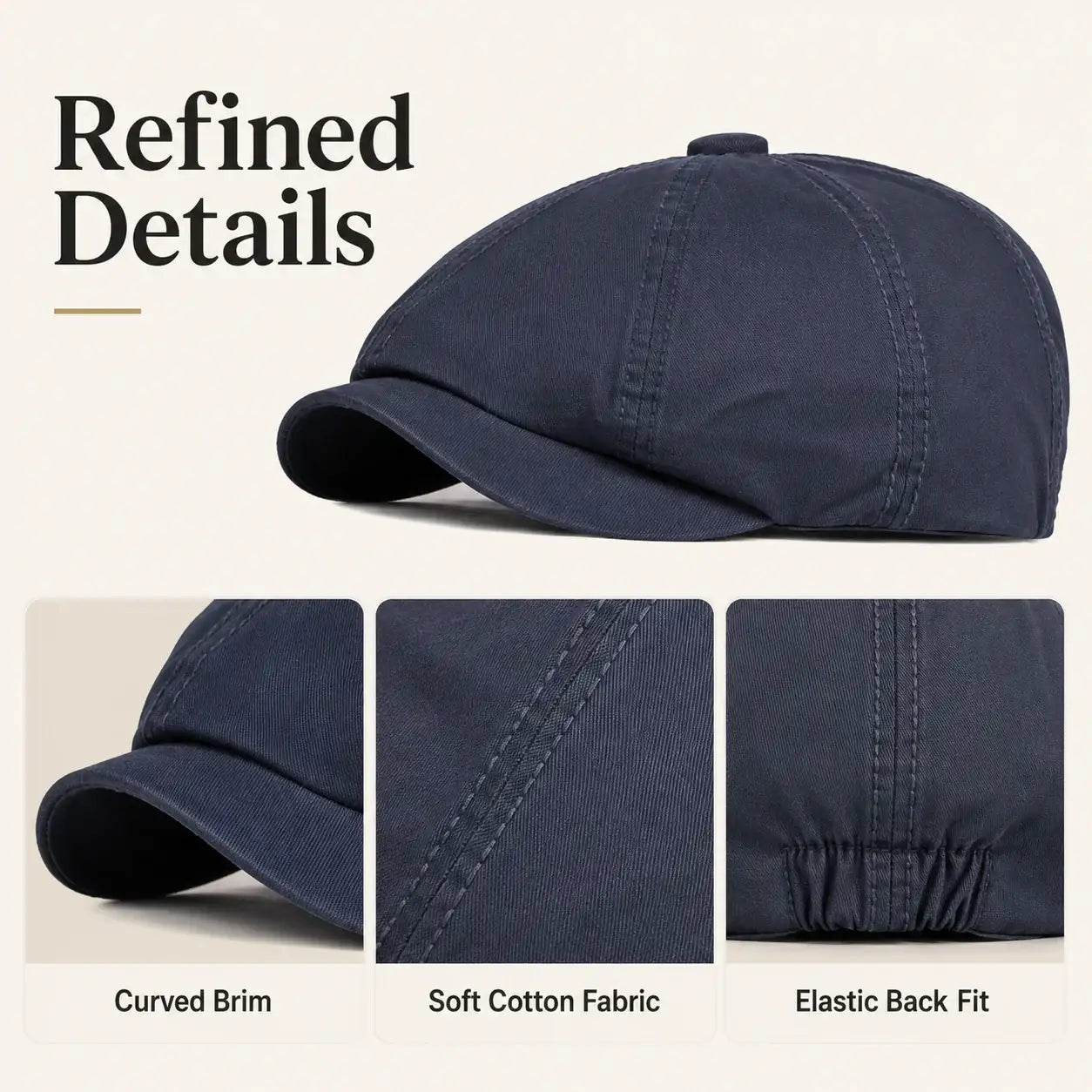 Vintage newsboy cap color options in black khaki olive light beige gray navy and brown