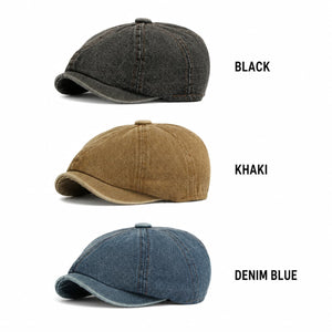 Black khaki and denim blue newsboy cap color options on white background