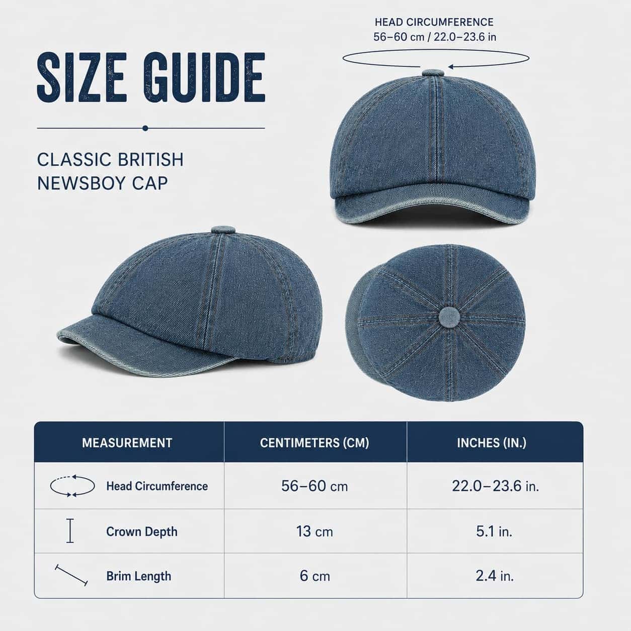 Size guide for denim newsboy cap with 56 to 60 cm fit