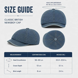 Size guide for denim newsboy cap with 56 to 60 cm fit
