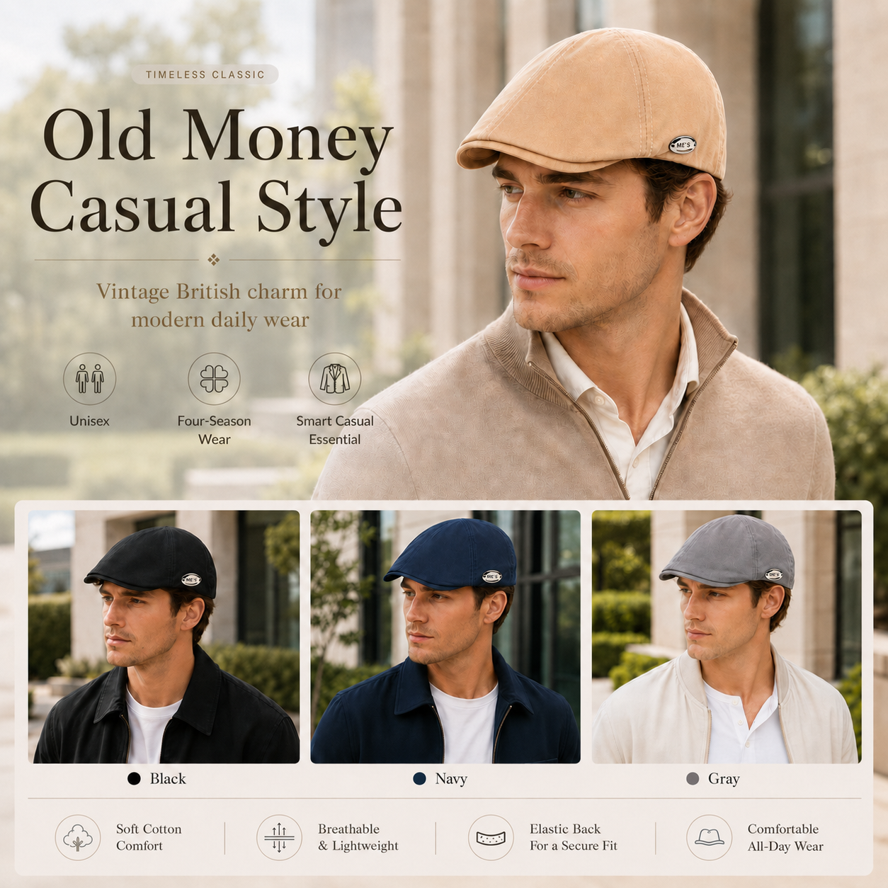 Male model wearing khaki old money flat cap with black, navy and gray styling examples below.