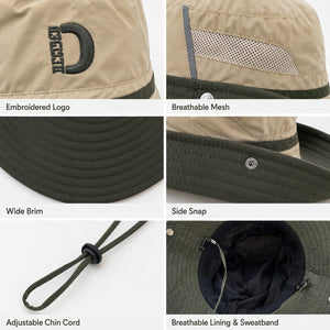 Detail collage of olive green hiking bucket hat showing embroidered logo, breathable mesh, wide brim, side snap, chin cord and inner sweatband.